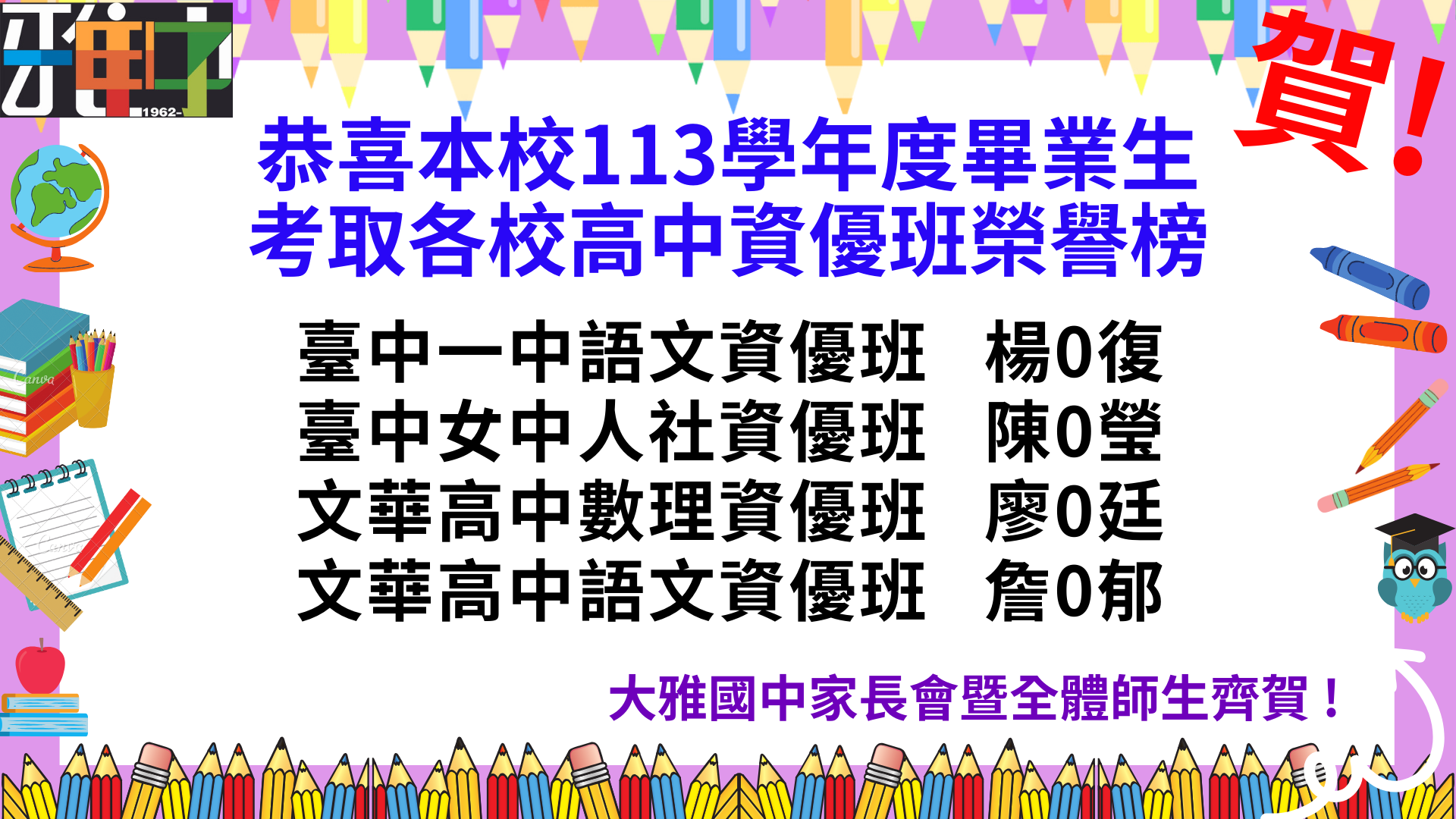 113學年度畢業生考取高中資優班榮譽榜